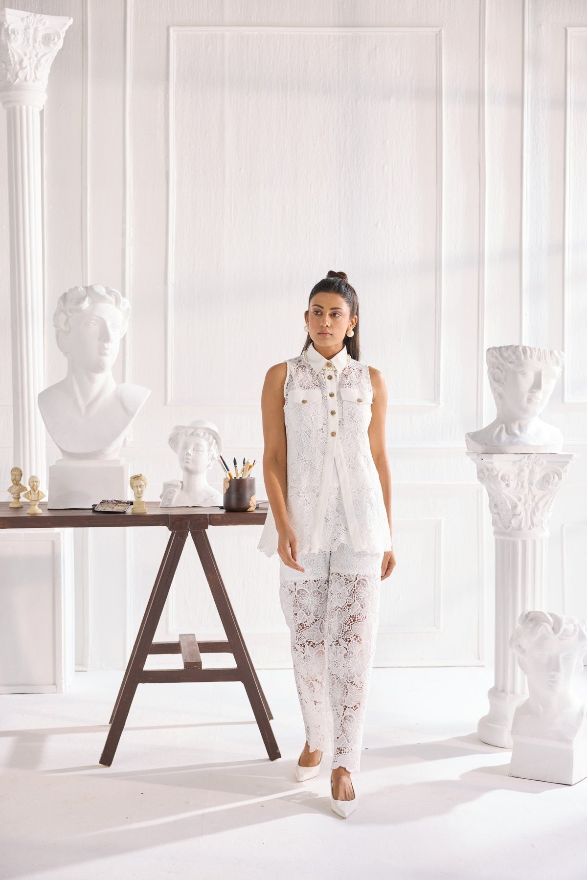 White Lace Sleeveless Shirt and Wide-Leg Pants Co-ord Set