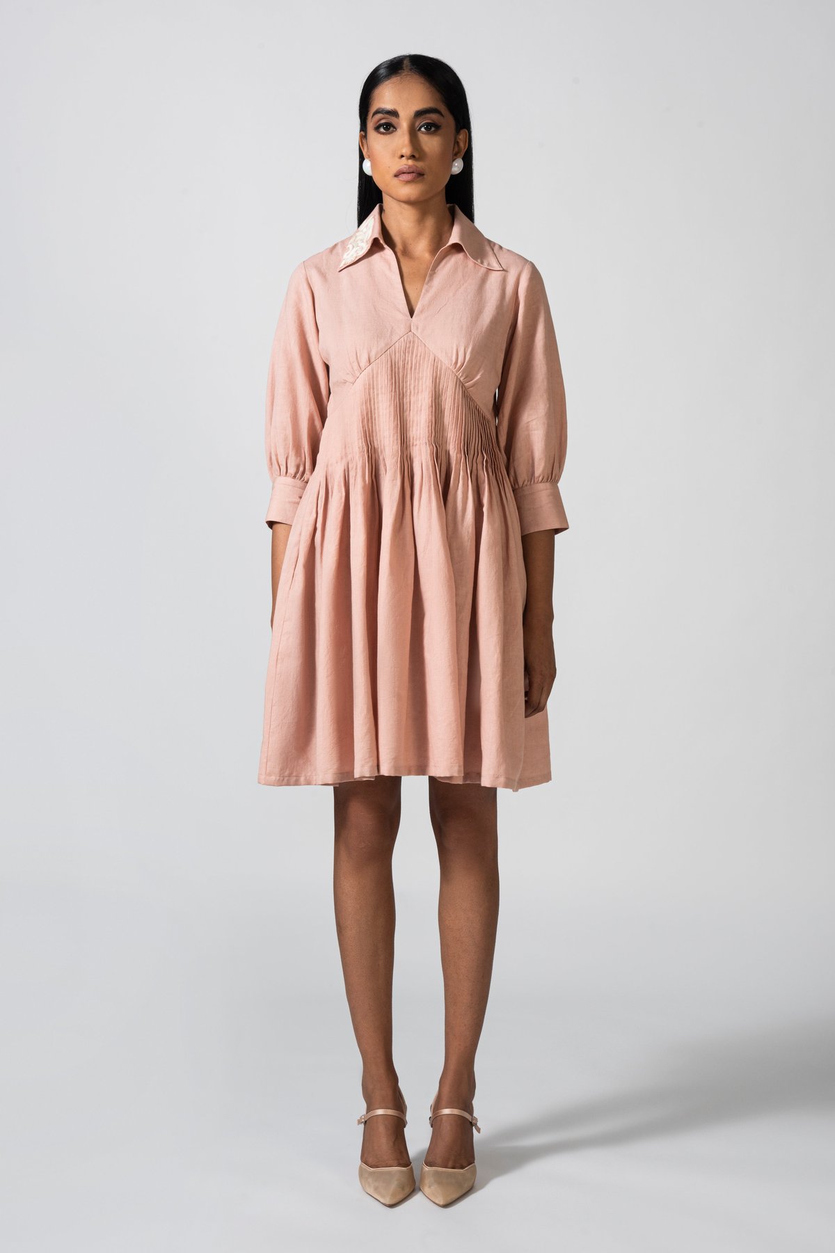 Pink Linen Collared Pleated Knee-Length Dress