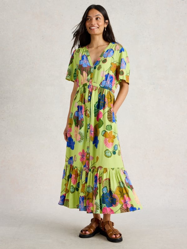 Green Floral Button-Through Tiered Midi Dress