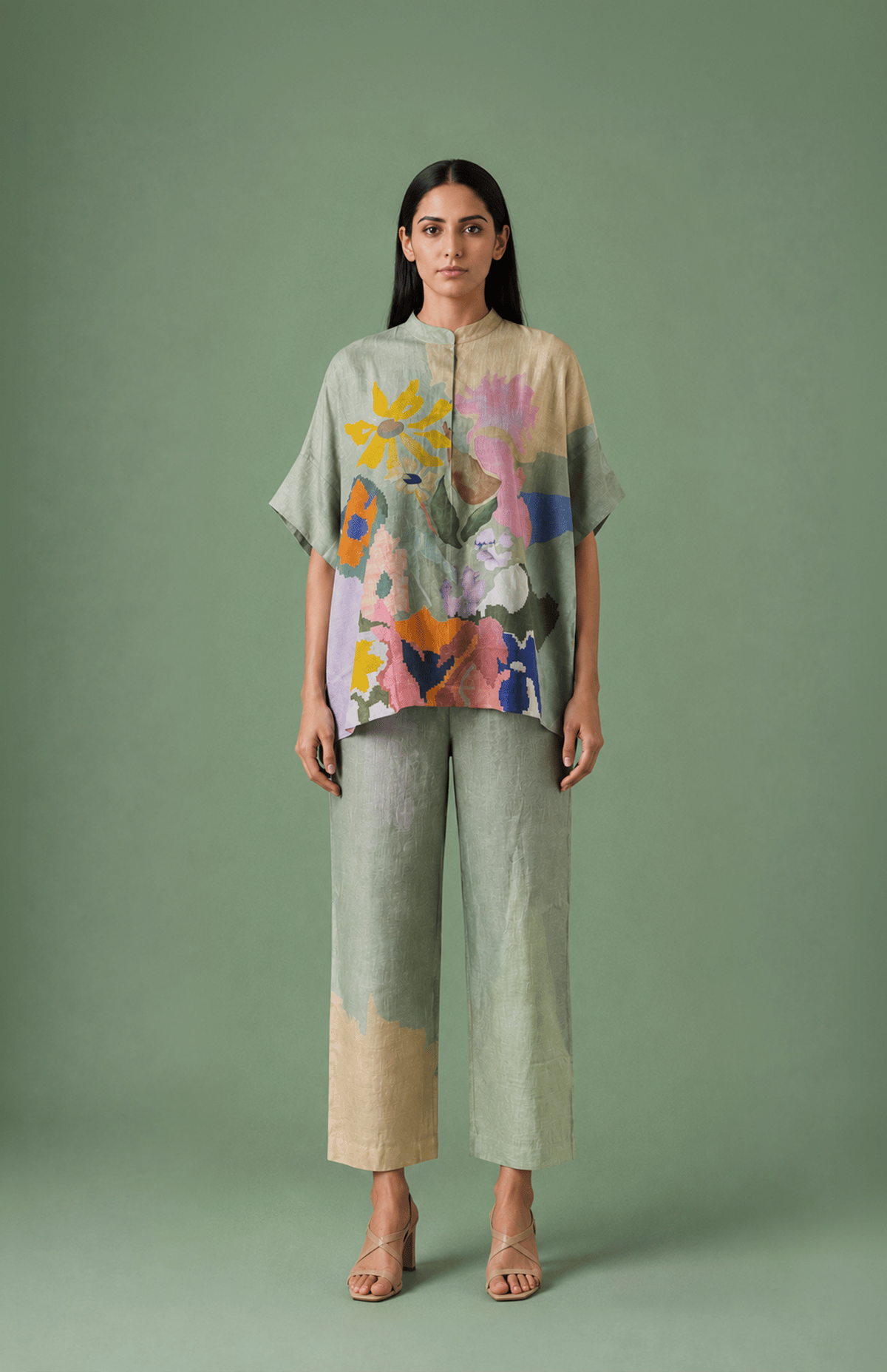 Green Linen Printed Tunic and Wide-Leg Pants Co-ord Set