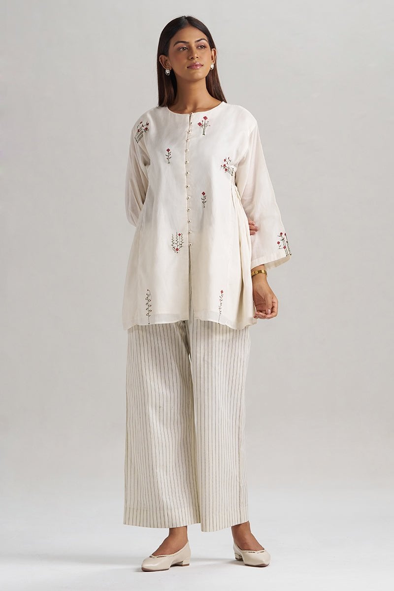 Ivory Mul-Mul Printed Kurta and Striped Pants Co-ord Set
