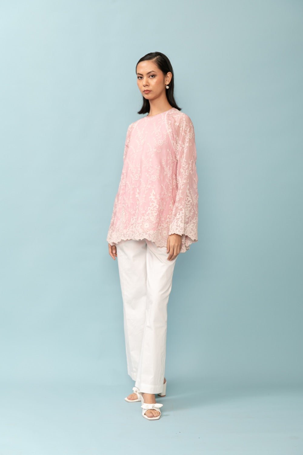 Baby Pink Organza Schiffli Embroidered Long Tunic Top