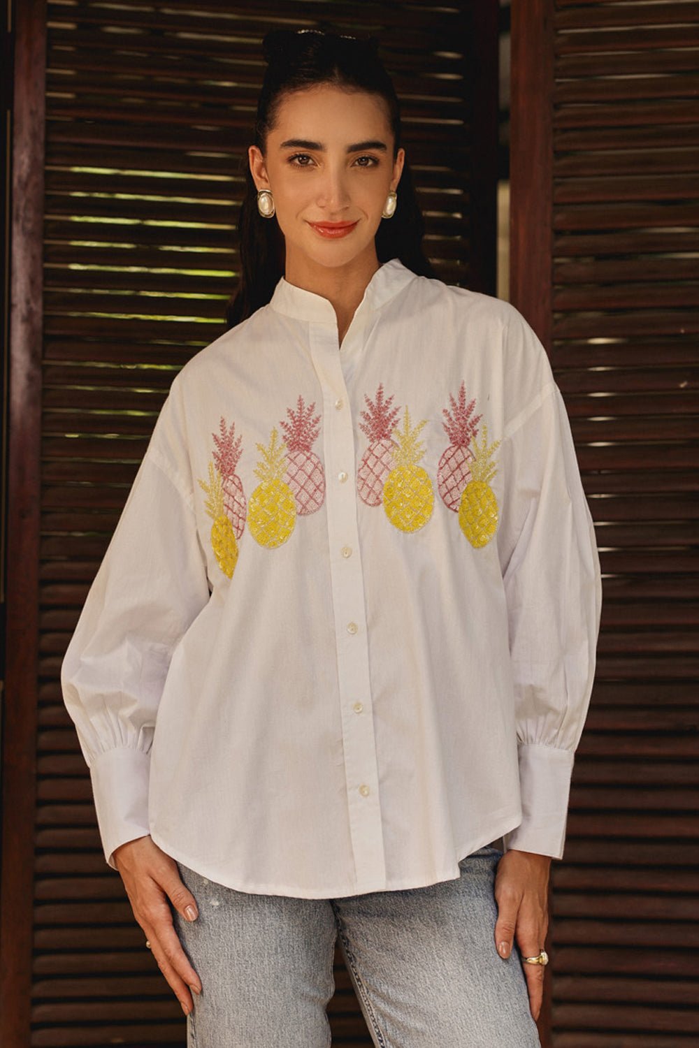 White Poplin Mandarin Collar Shirt with Pineapple Motifs