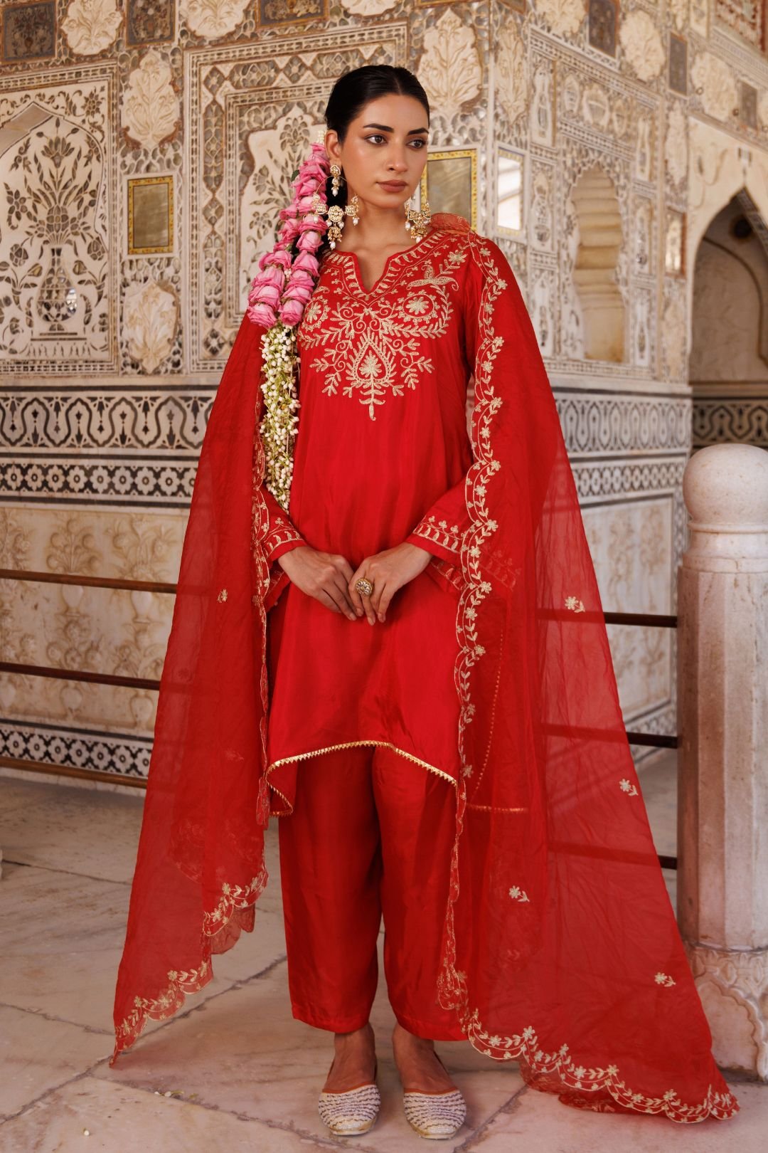 Red Silk Hand Embroidered Kurta Set