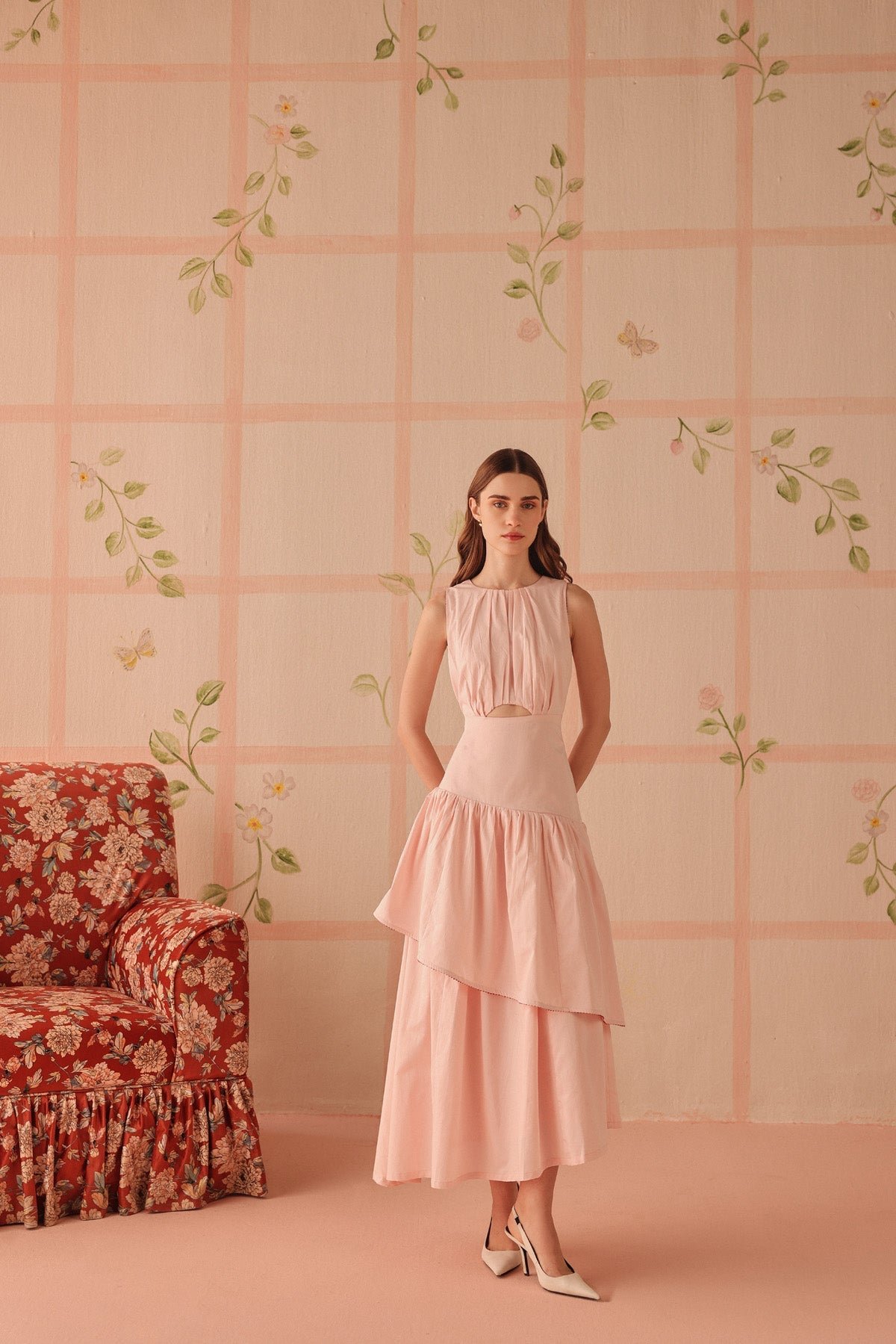 Pink Cotton Satin Tiered Midi Dress