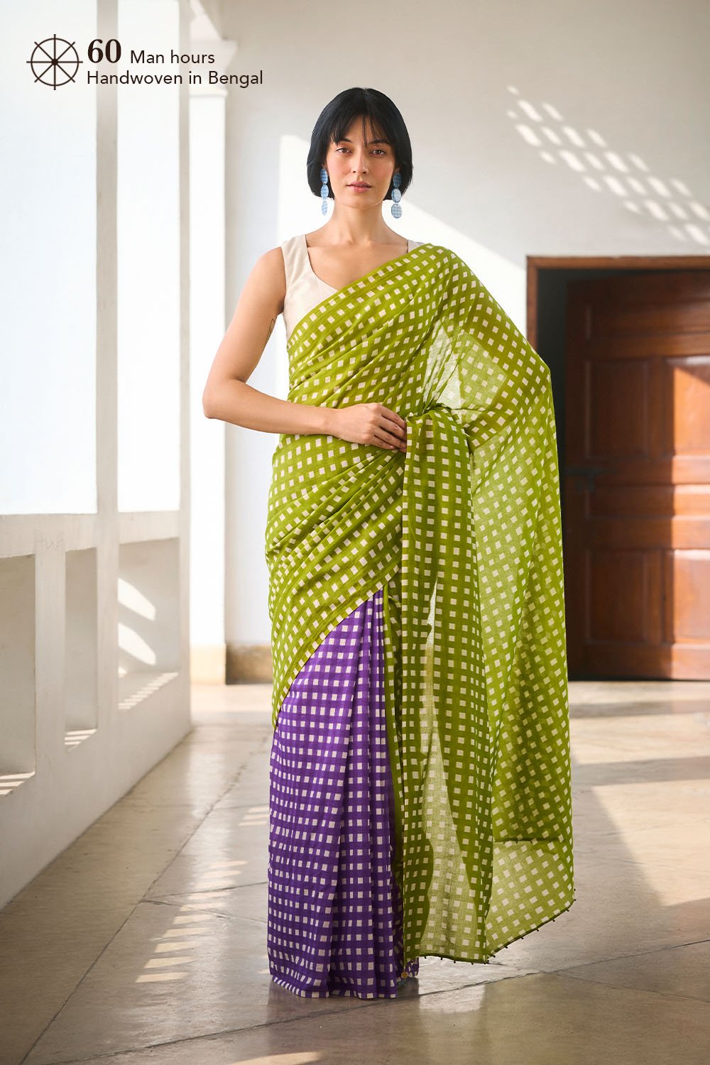 Green and Purple Dual-Tone Checked Mul Cotton Saree