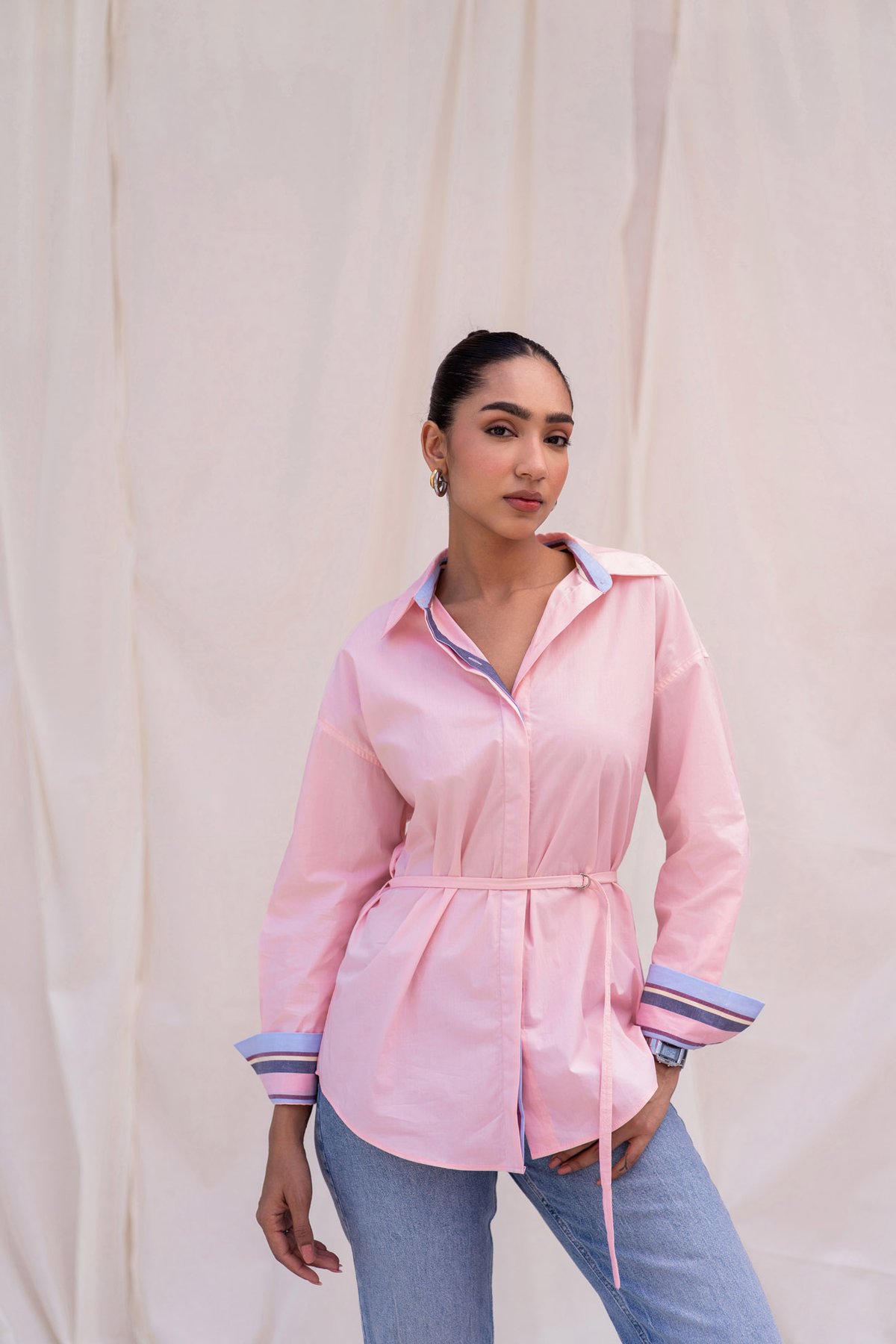 Pink Poplin Belted Shirt with Contrast Details