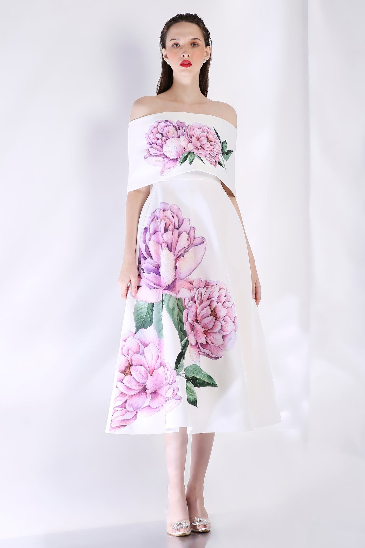Off-White Fit and Flare Midi Dress with Floral Applique