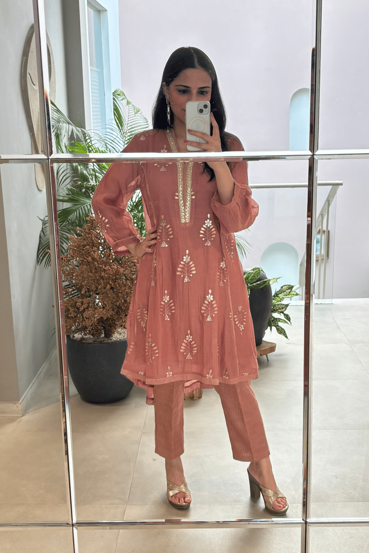 Mul Chanderi High-Low Kurta with Gota Embroidery and Tissue Pants
