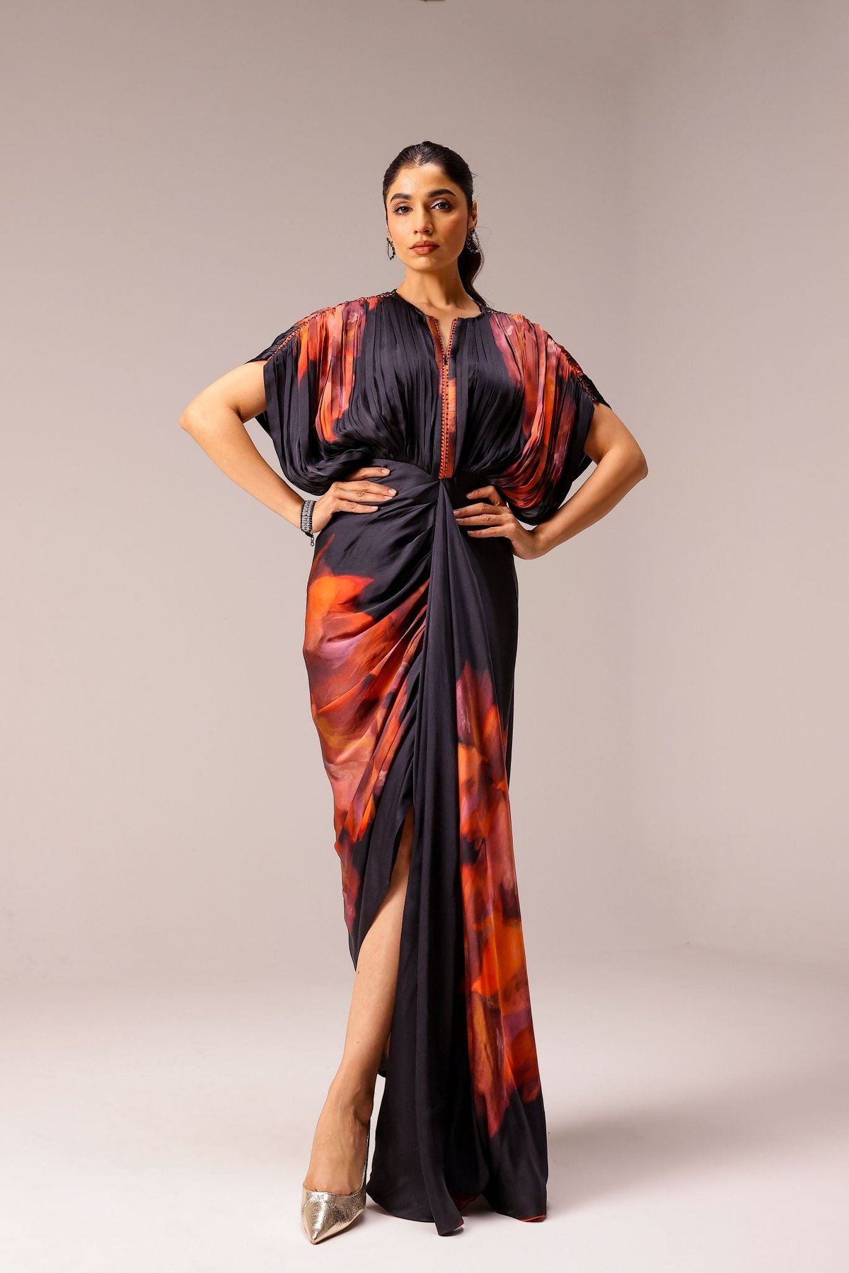 Black Abstract Print Kaftan Maxi Gown with Front Slit