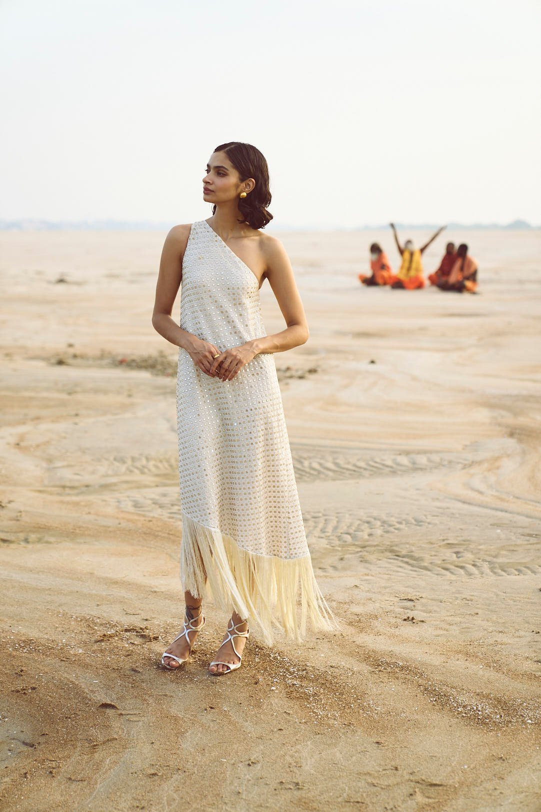 Ivory One-Shoulder Mirror Sequin Fringe Midi Dress