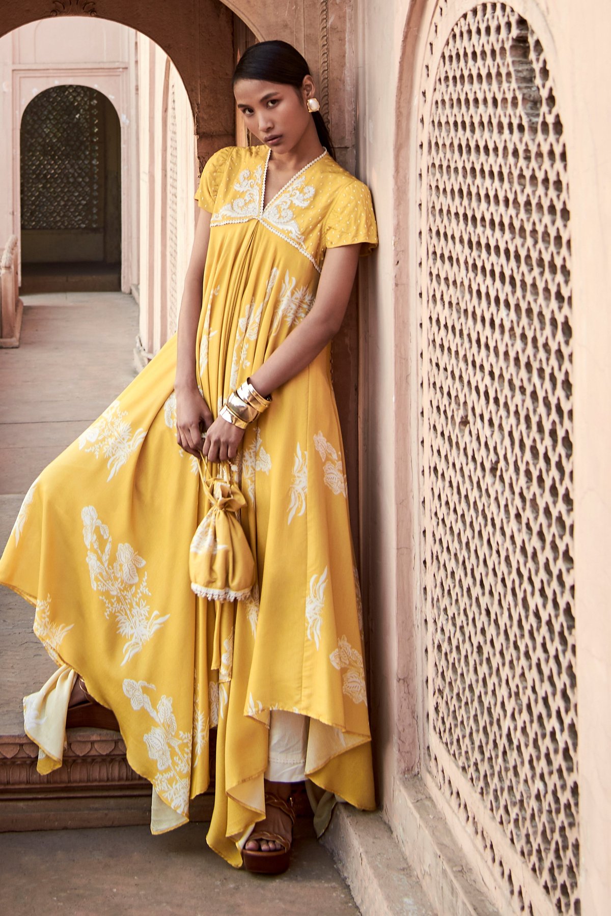Yellow Floral Printed Asymmetrical Kurta Set with Straight Pants