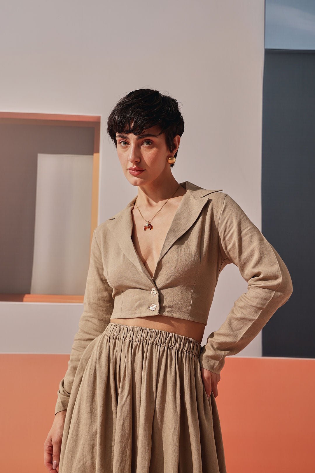 Sand Linen-Blend Cropped Lapel Collar Button-Front Top
