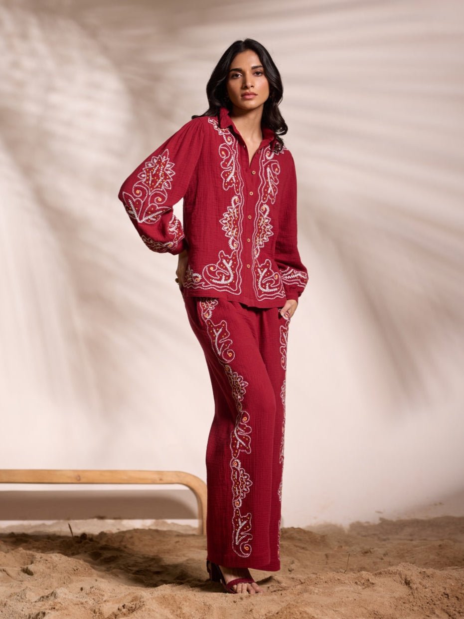 Maroon Embroidered Wide-Leg Cotton Trousers