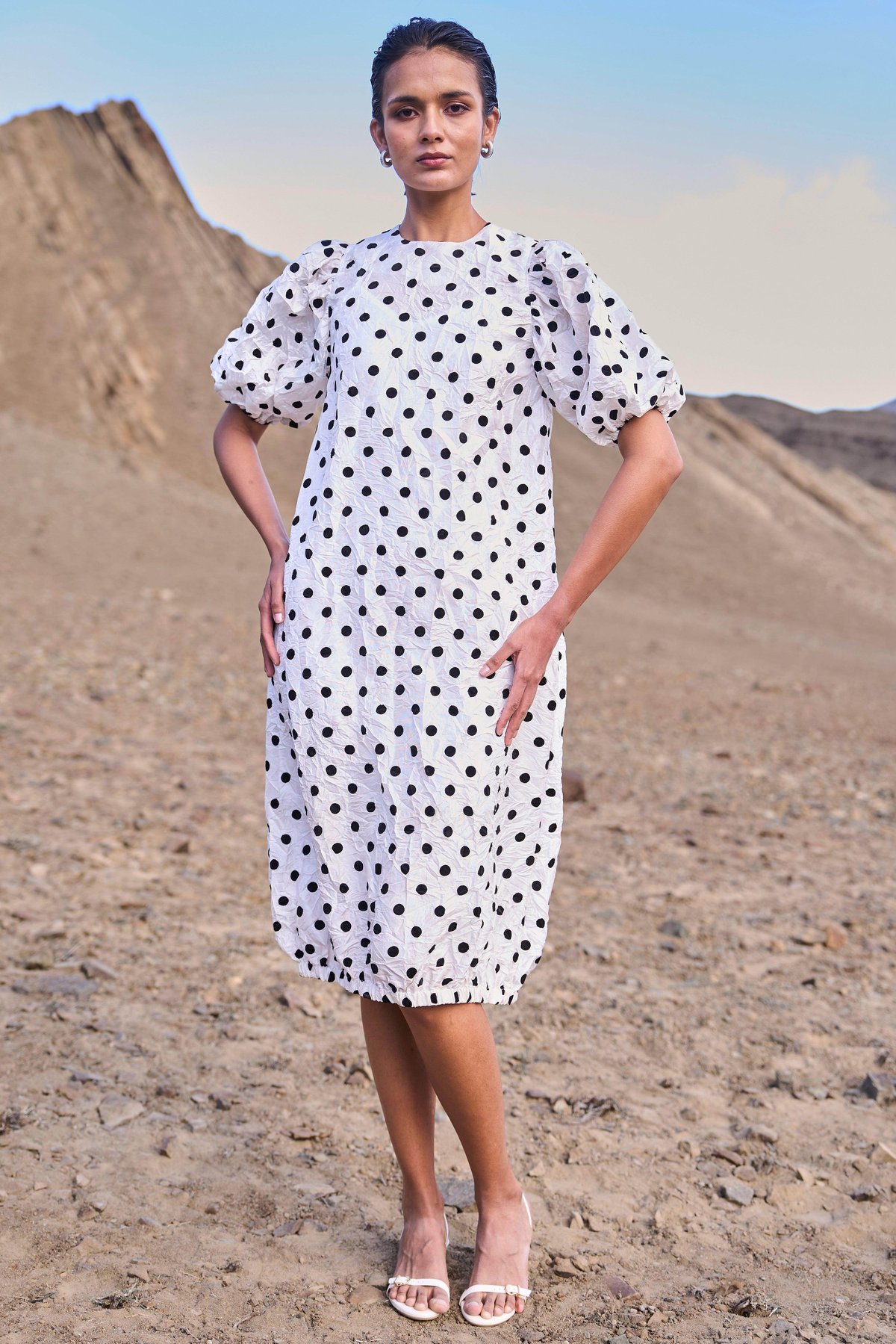 Black and White Polka Dot Crushed Midi Dress