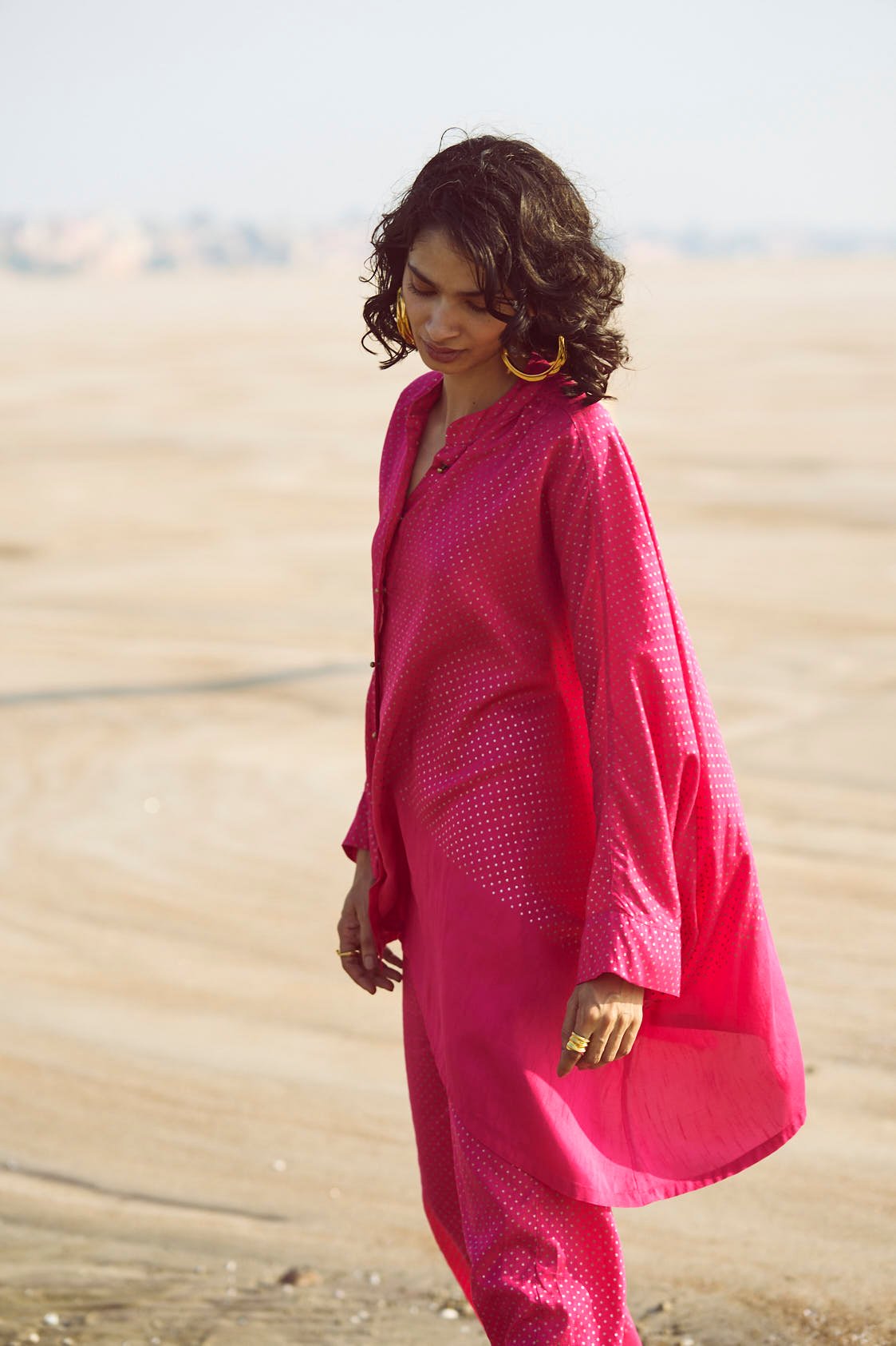 Pink Boxy Band-Collar Shirt with Gold Foil Dots
