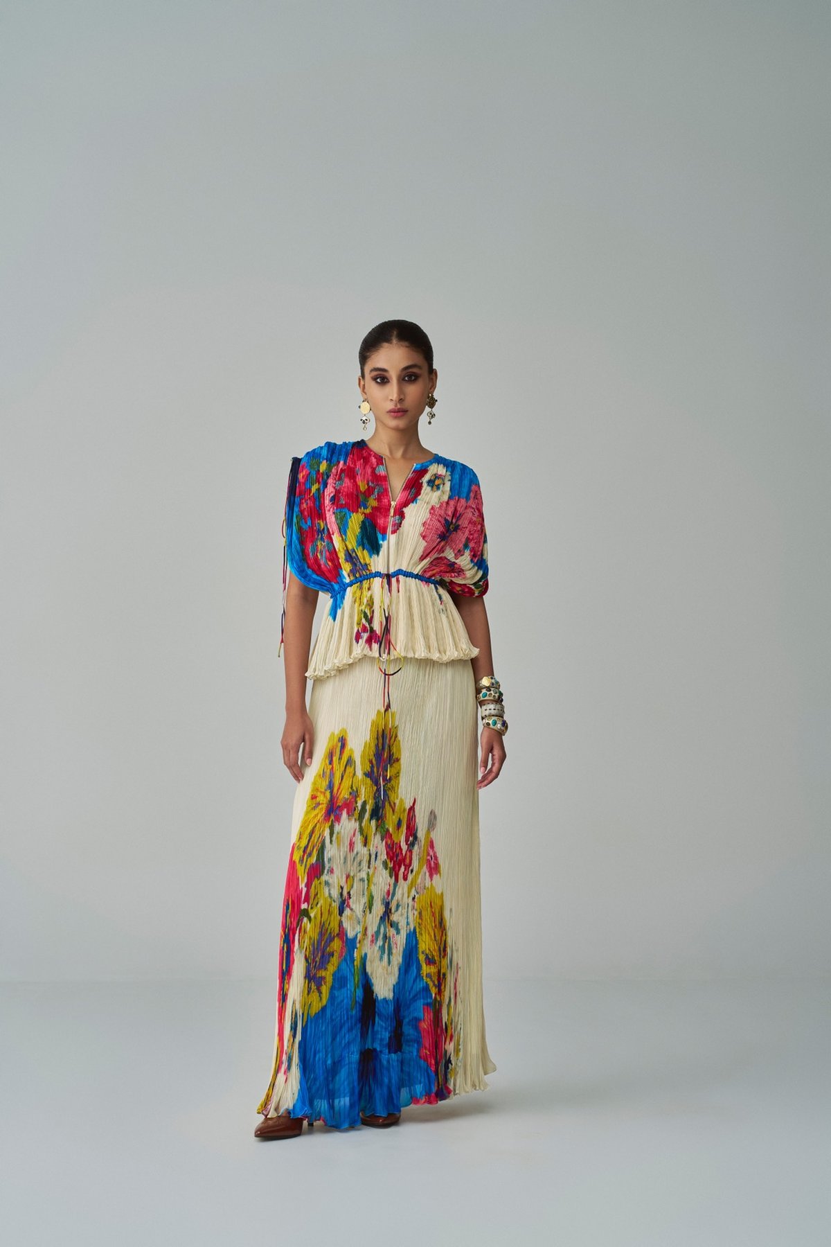 Ivory/Multi Floral Micro-Pleated Chiffon Maxi Skirt