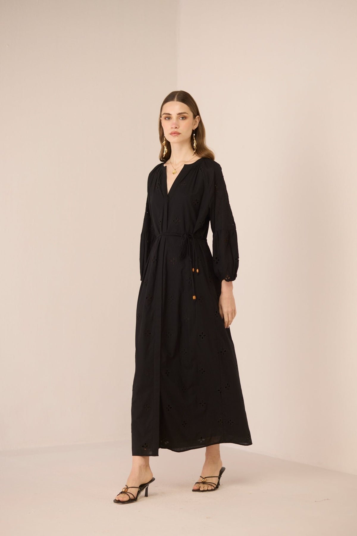 Black Cotton Broderie Maxi Dress with V-Neck and Waist Tie