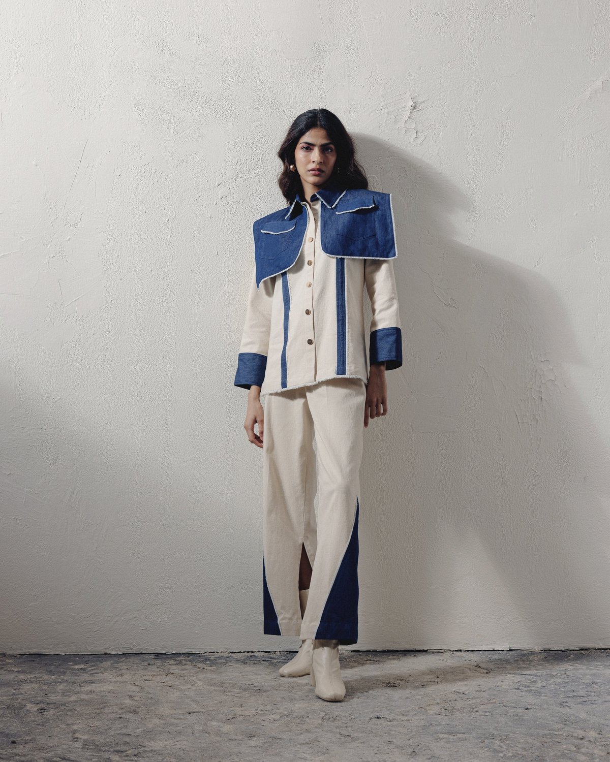 Blue and White Colorblocked Denim Shirt with Shoulder Flap