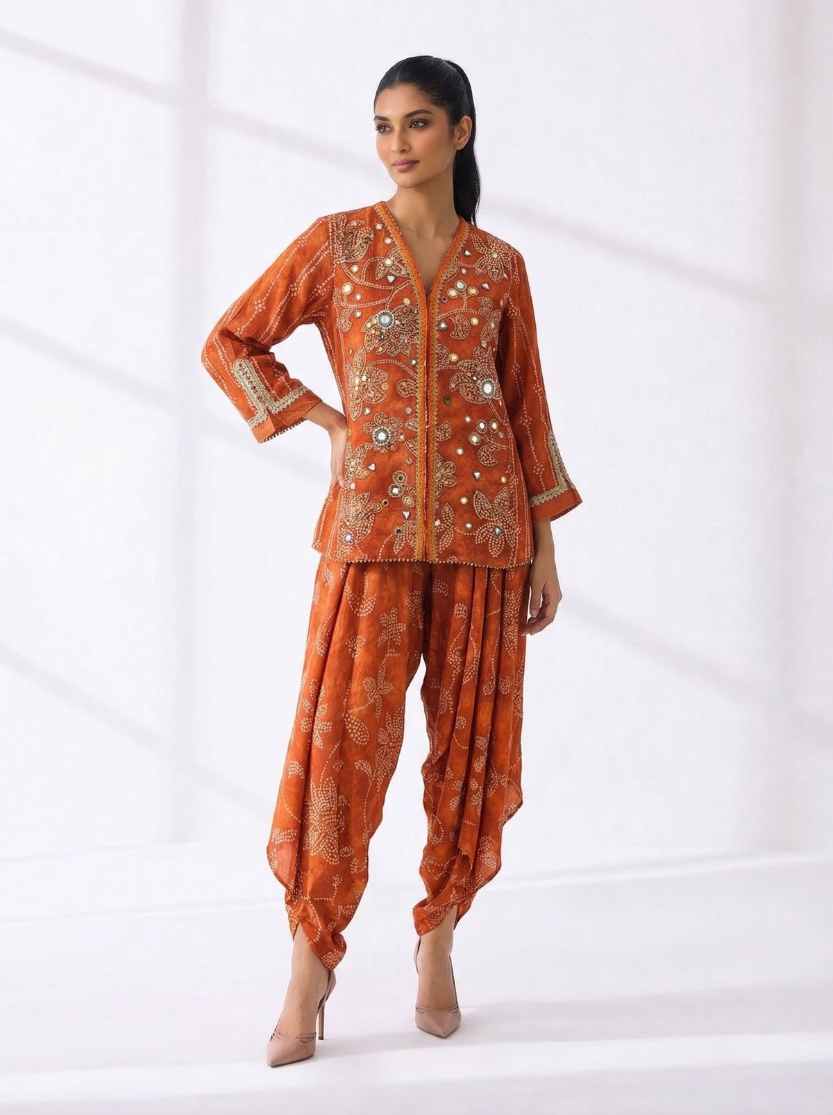 Orange Printed & Embellished Co-ord Set with Dhoti Pants