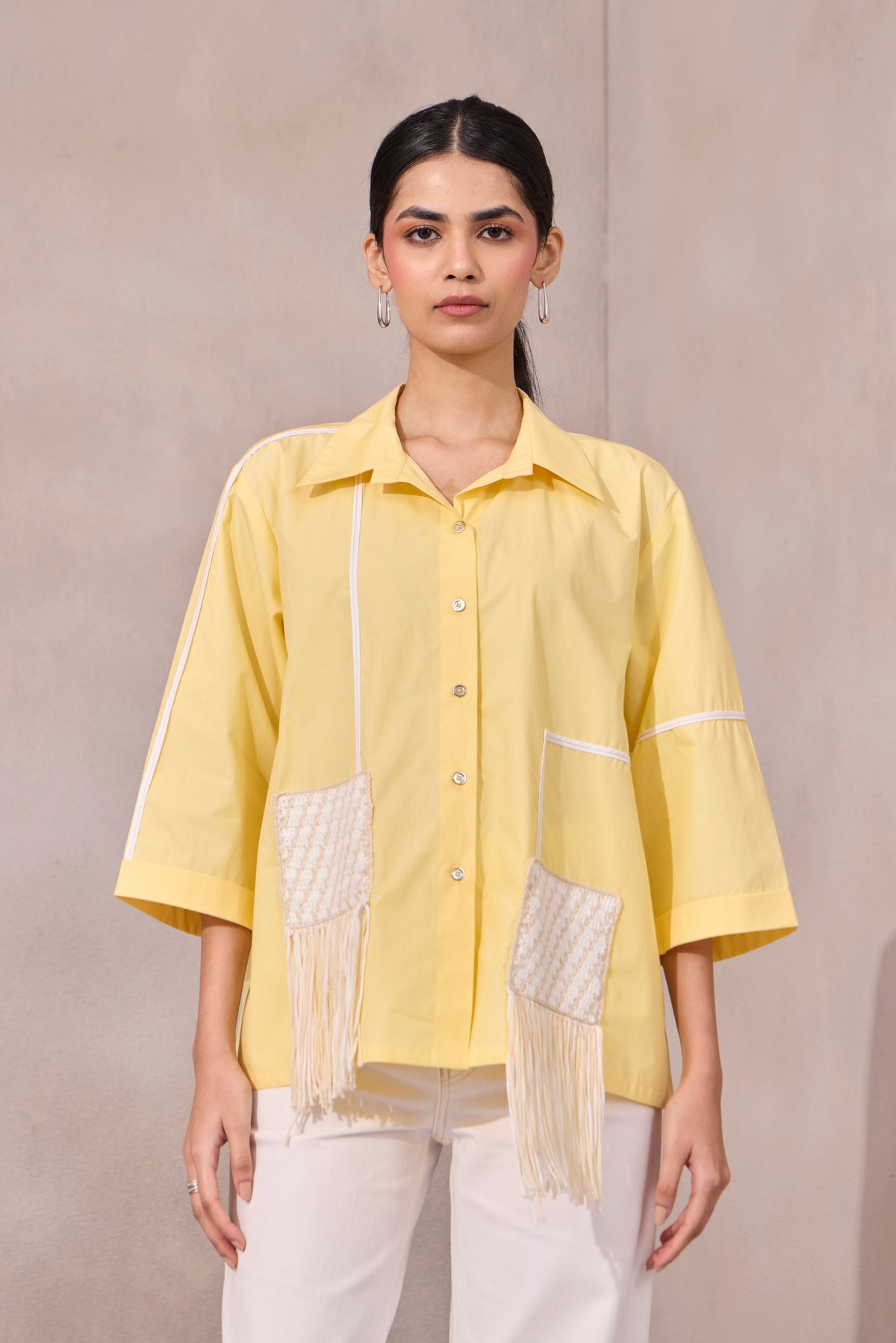 Lemon Sorbet Boxy Crop Shirt with Crochet Fringe Pockets