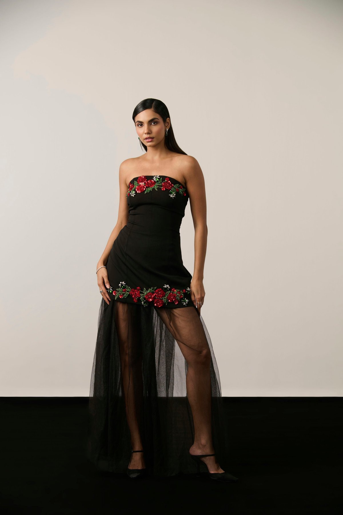 Black Strapless Embellished Mini Dress and Sheer Overskirt Set