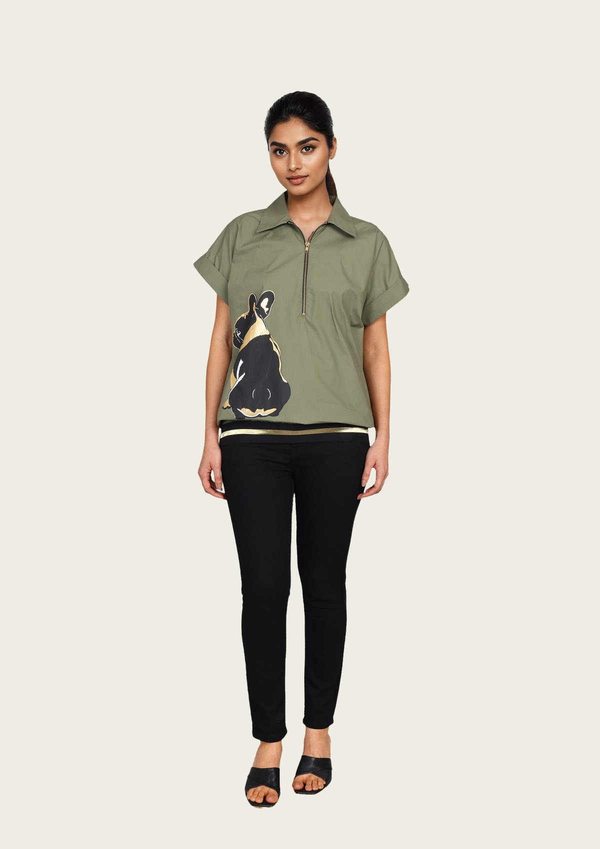 Olive Bomber Shirt with Print