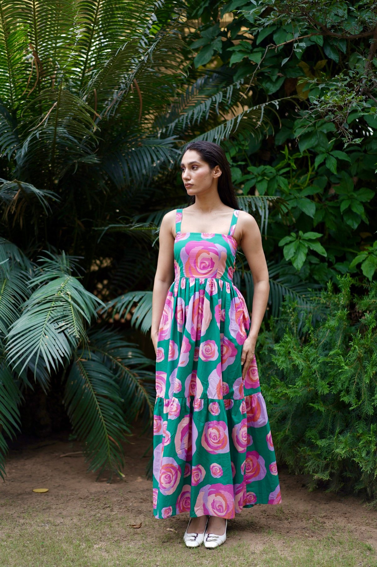 Green Pink Floral Tiered Maxi Dress with Belt