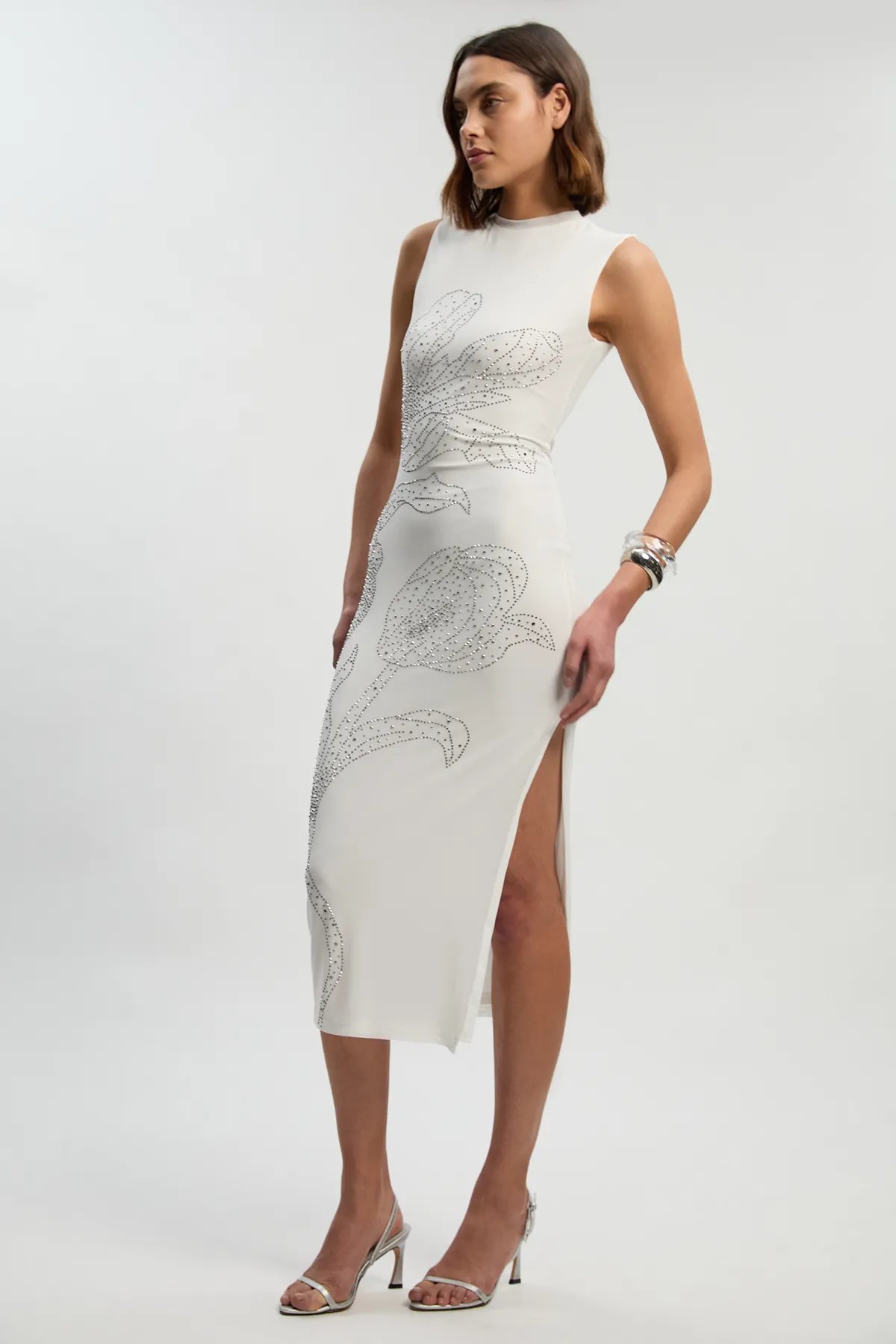 White Rhinestone Floral Bodycon Midi Dress with Slit