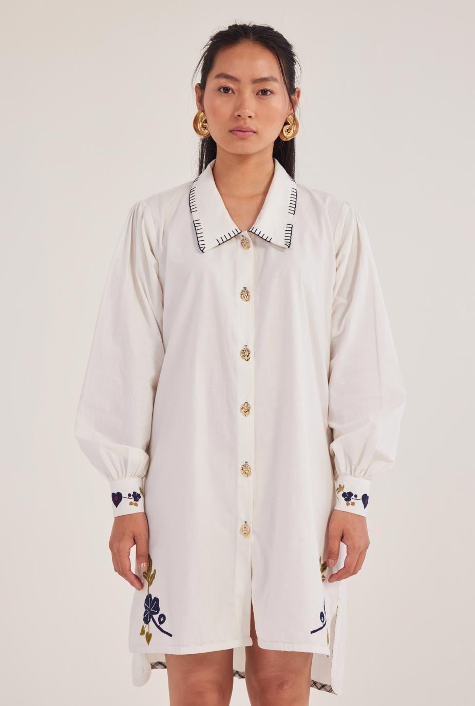 White Cotton Poplin Shirt Dress with Embroidered Accents
