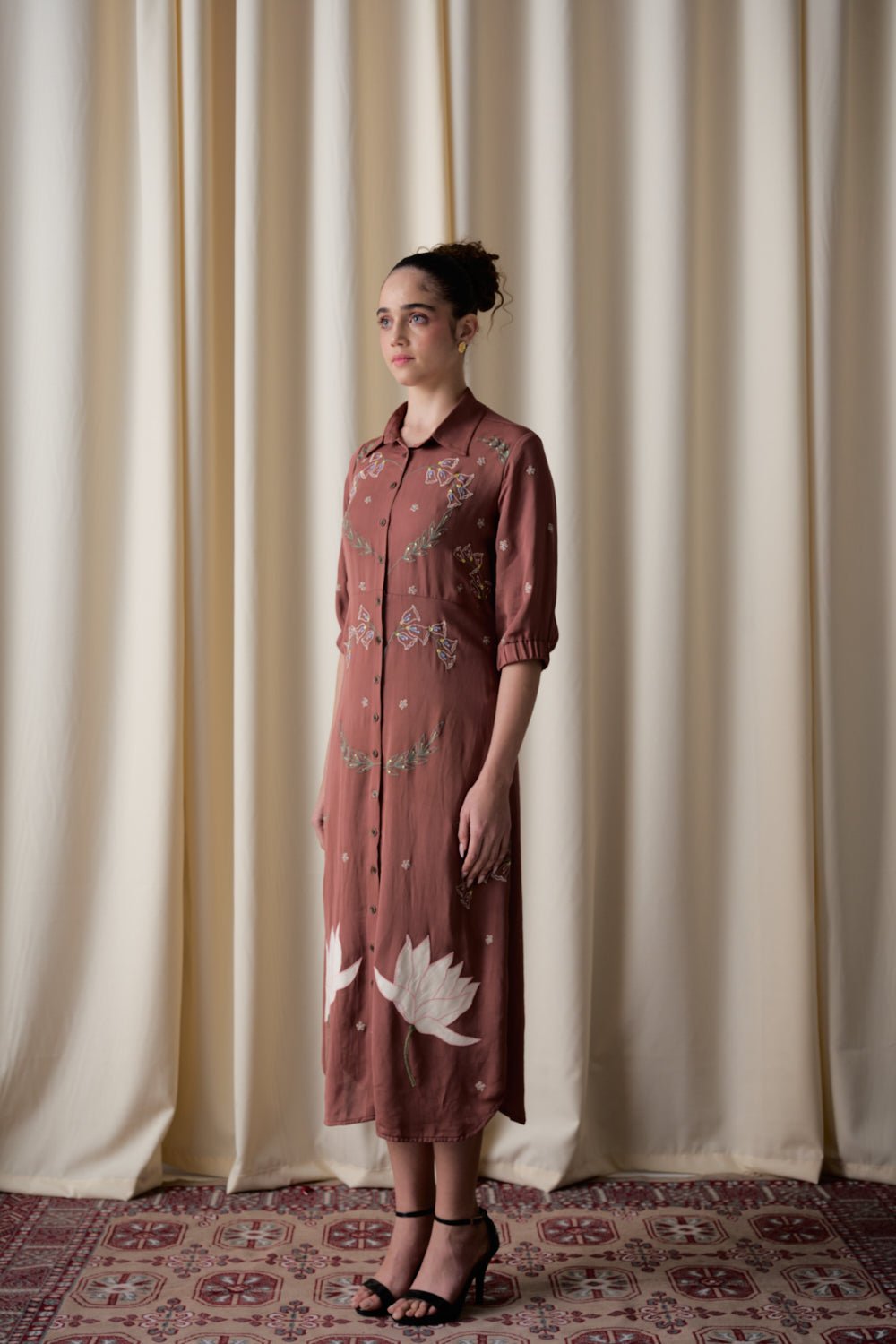 Mocha Georgette Shirt Midi Dress with Embroidery and Applique