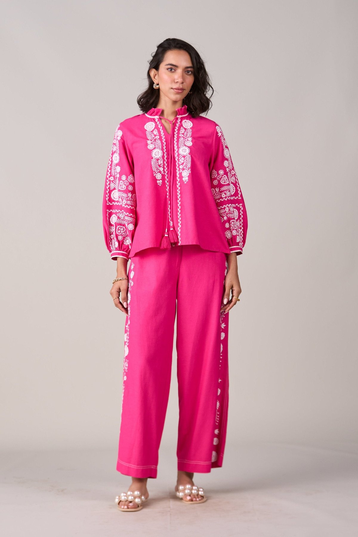 Pink Wide-Leg Embroidered Trousers