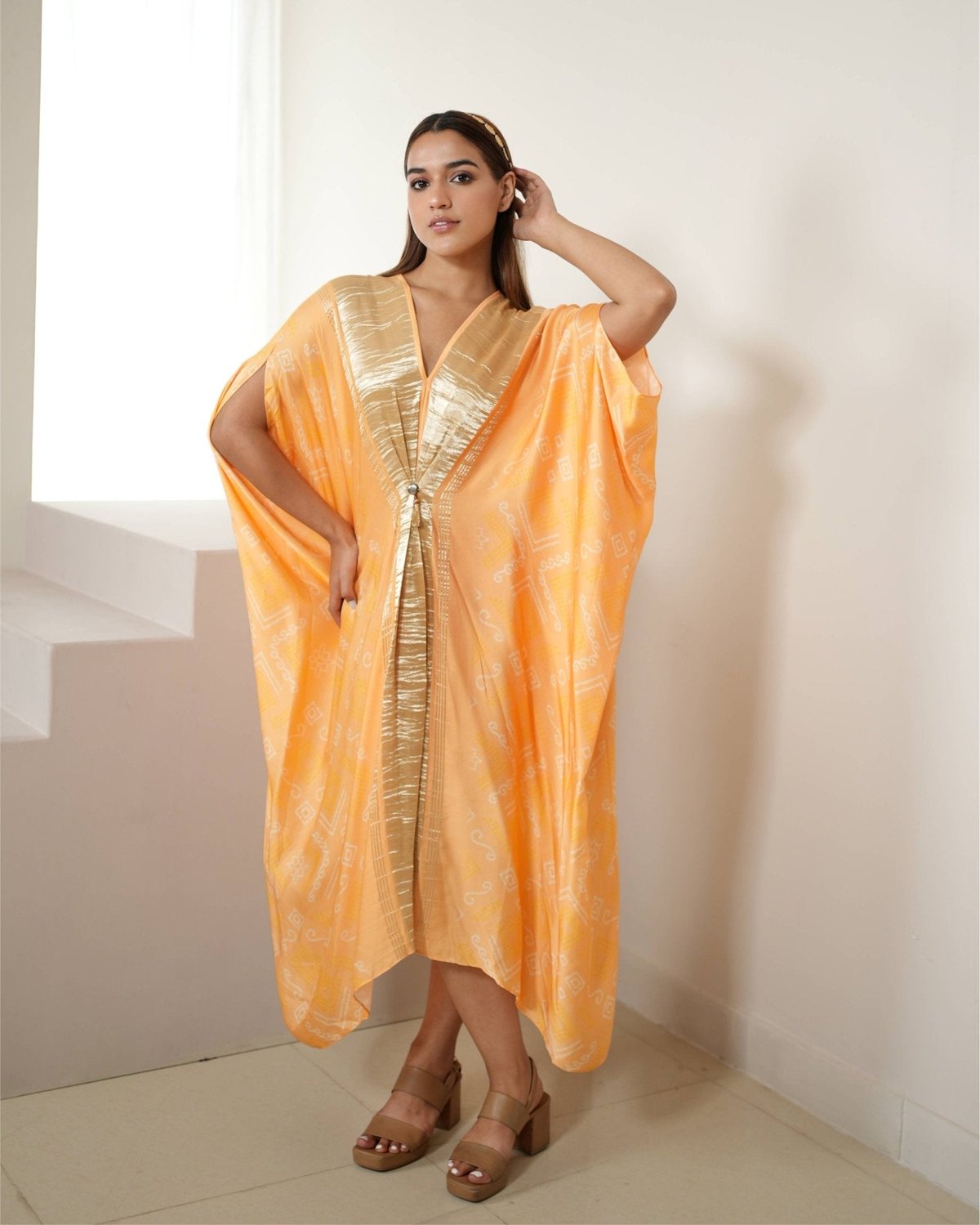 Peach and Gold Bandhej Print Satin Kaftan