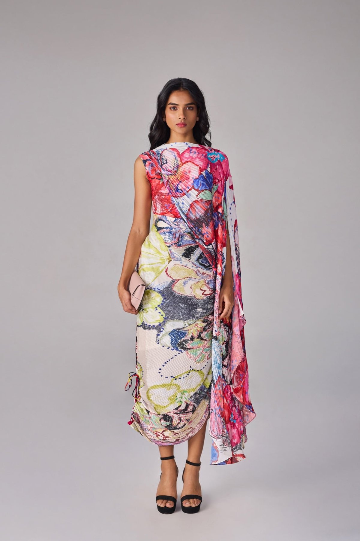 Multi-Colour Abstract Floral Micro-Pleated Chiffon Midi Dress
