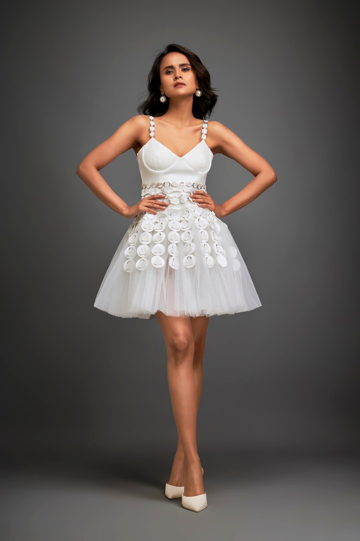 Silver and White Strappy Embellished Mini Dress