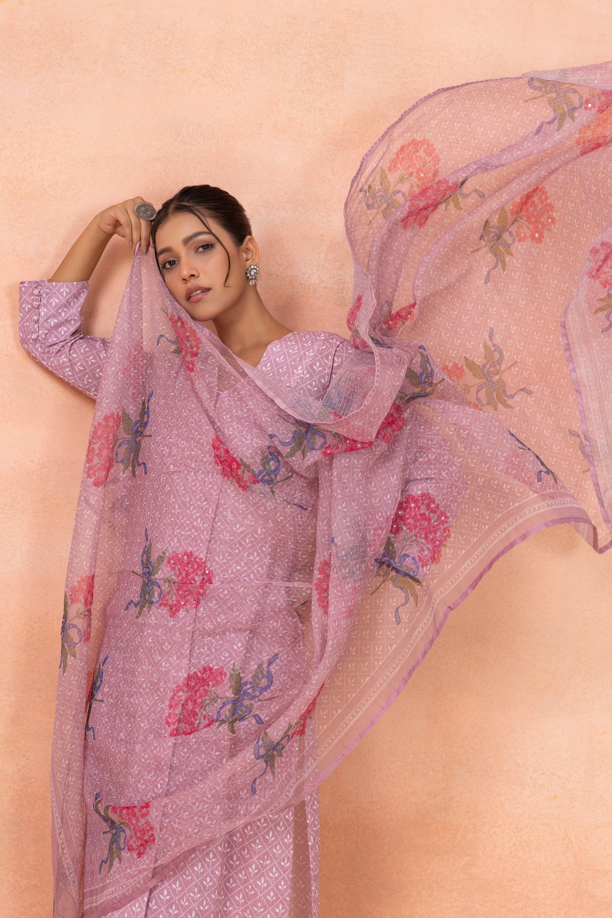Pink Printed A-Line Cotton Kurta Set with Dupatta