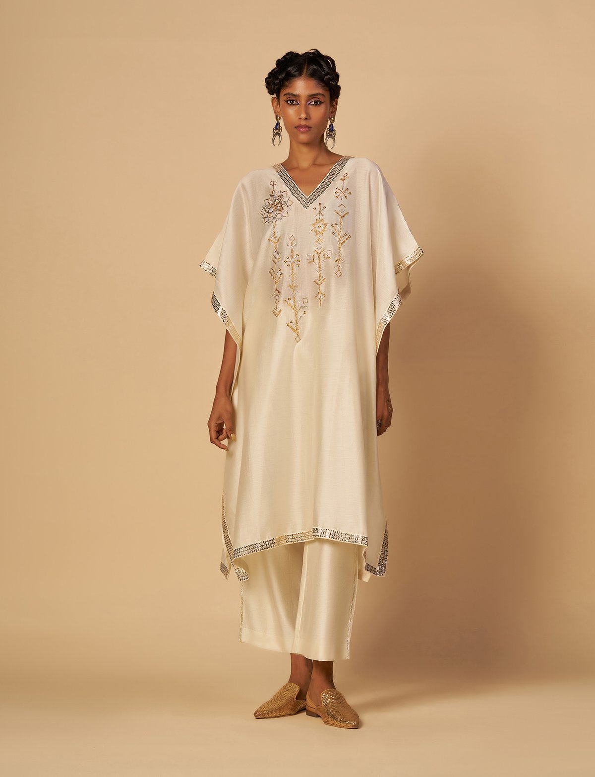Off White Silk Chanderi Kaftan with Gota and Sequins