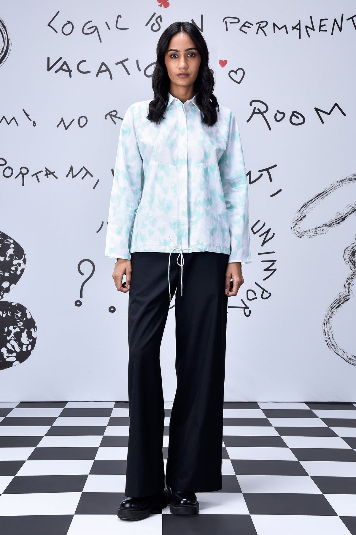 Nile Green Heart Print Oversized Cotton Poplin Shirt