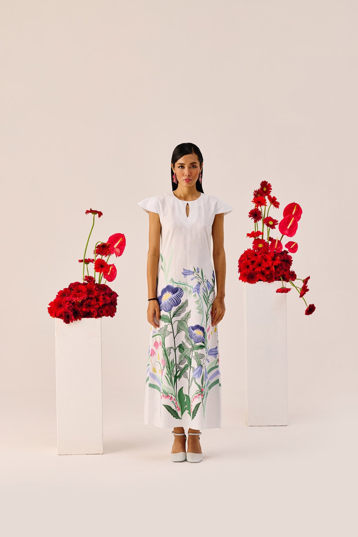 White Floral Keyhole Neck Maxi Dress