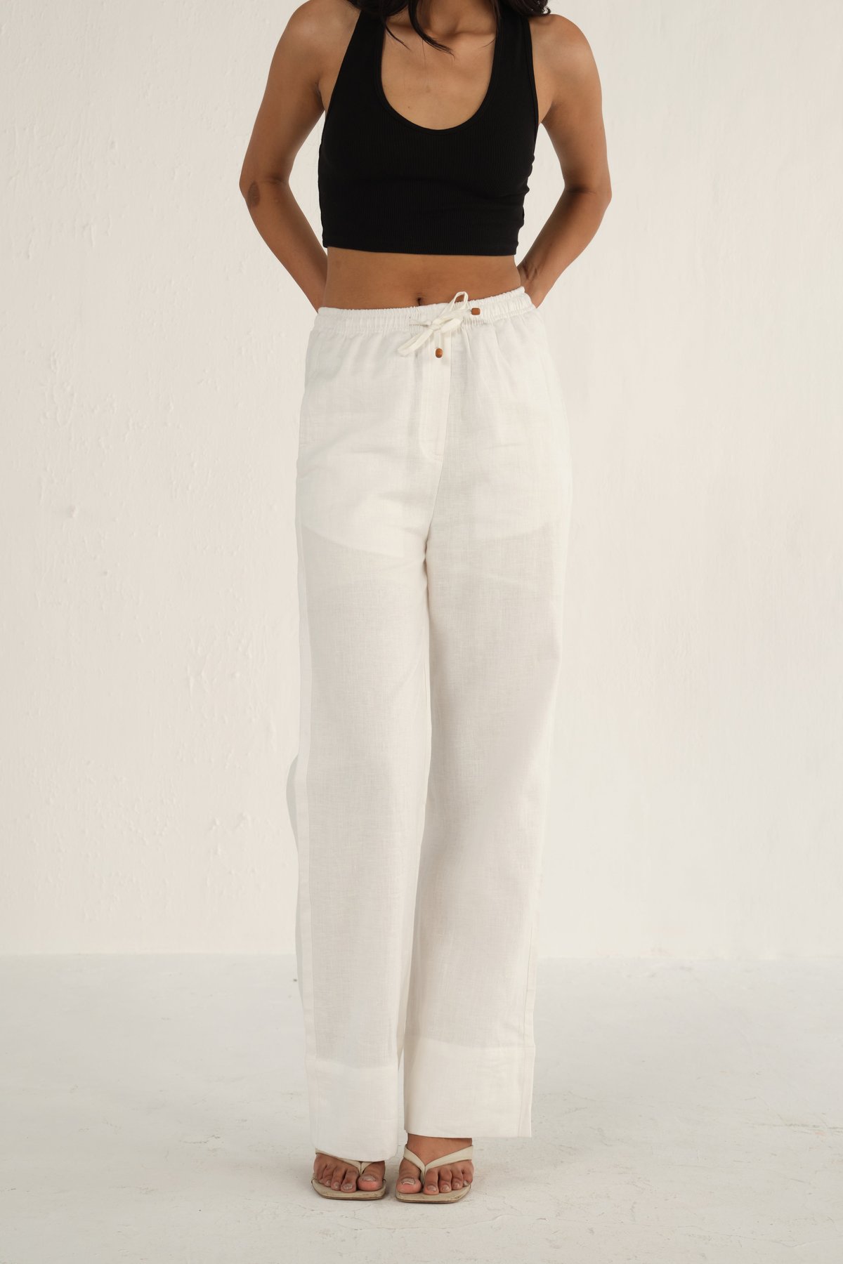 White Linen Drawstring Wide-Leg Trousers