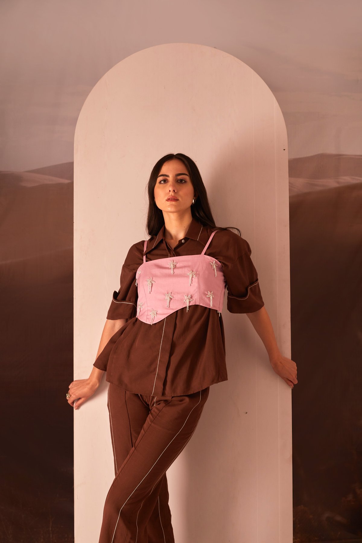 Pink and Brown 3-Piece Shirt, Bustier and Pants Co-ord Set