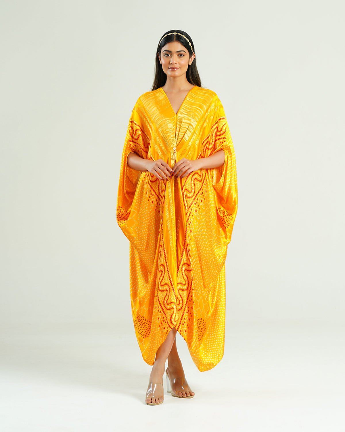 Mustard Gold Bandhani Print Satin Kaftan