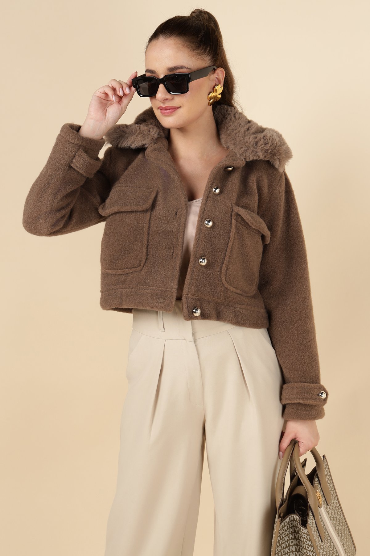 Taba Brown Cropped Jacket with Faux-Fur Collar