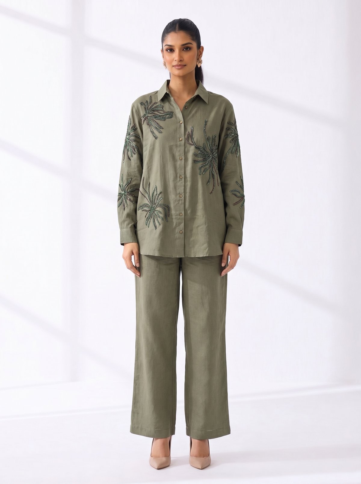 Green Cotton Shirt and Wide-Leg Pants Co-ord Set