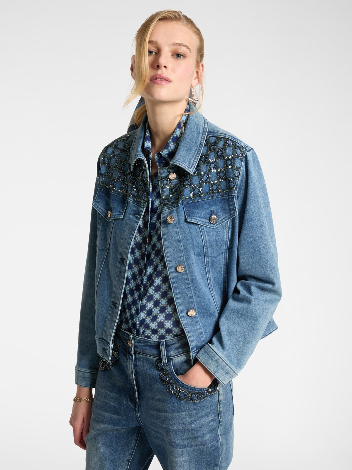 Ultramarine Blue Embellished Yoke Denim Jacket
