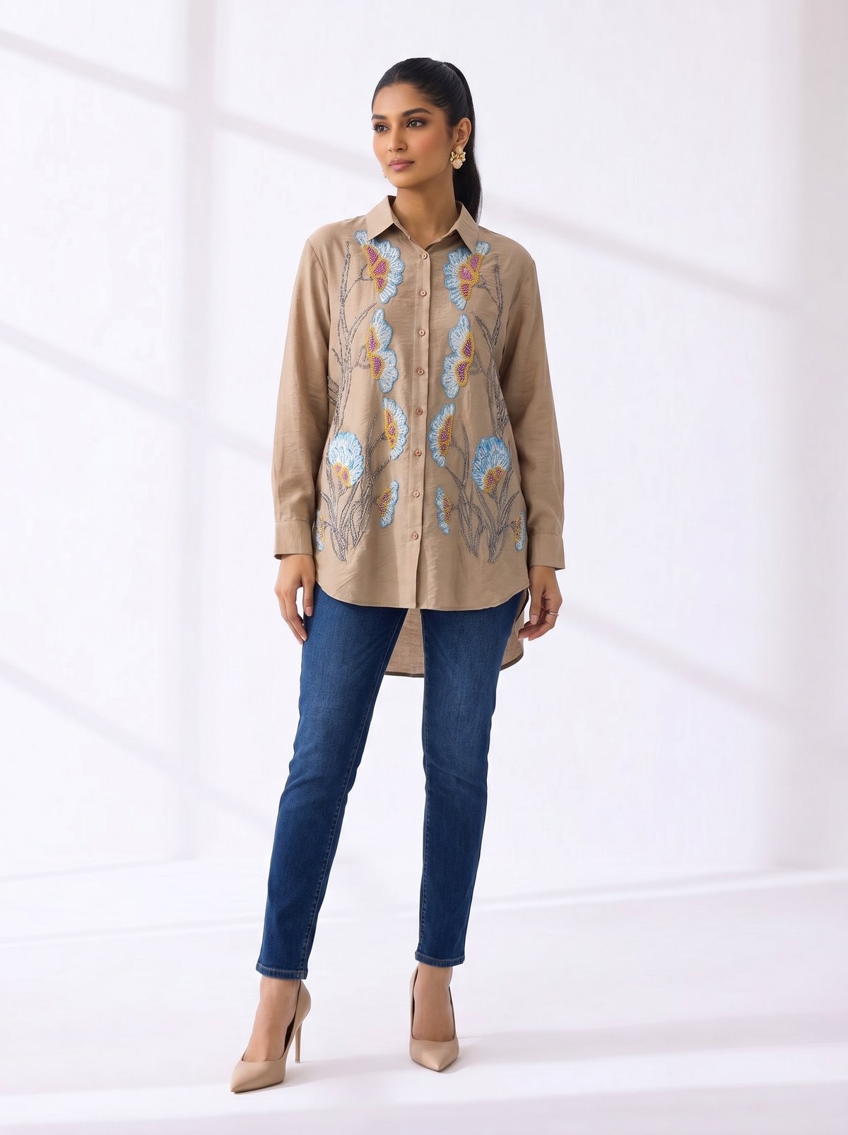 Beige Cotton Embroidered Longline Shirt