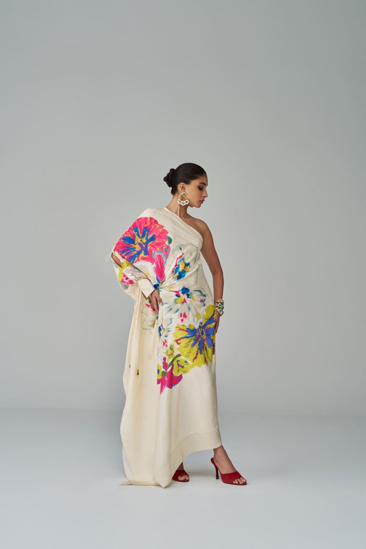 Ivory One-Shoulder Floral Print Maxi Kaftan with Side Tie