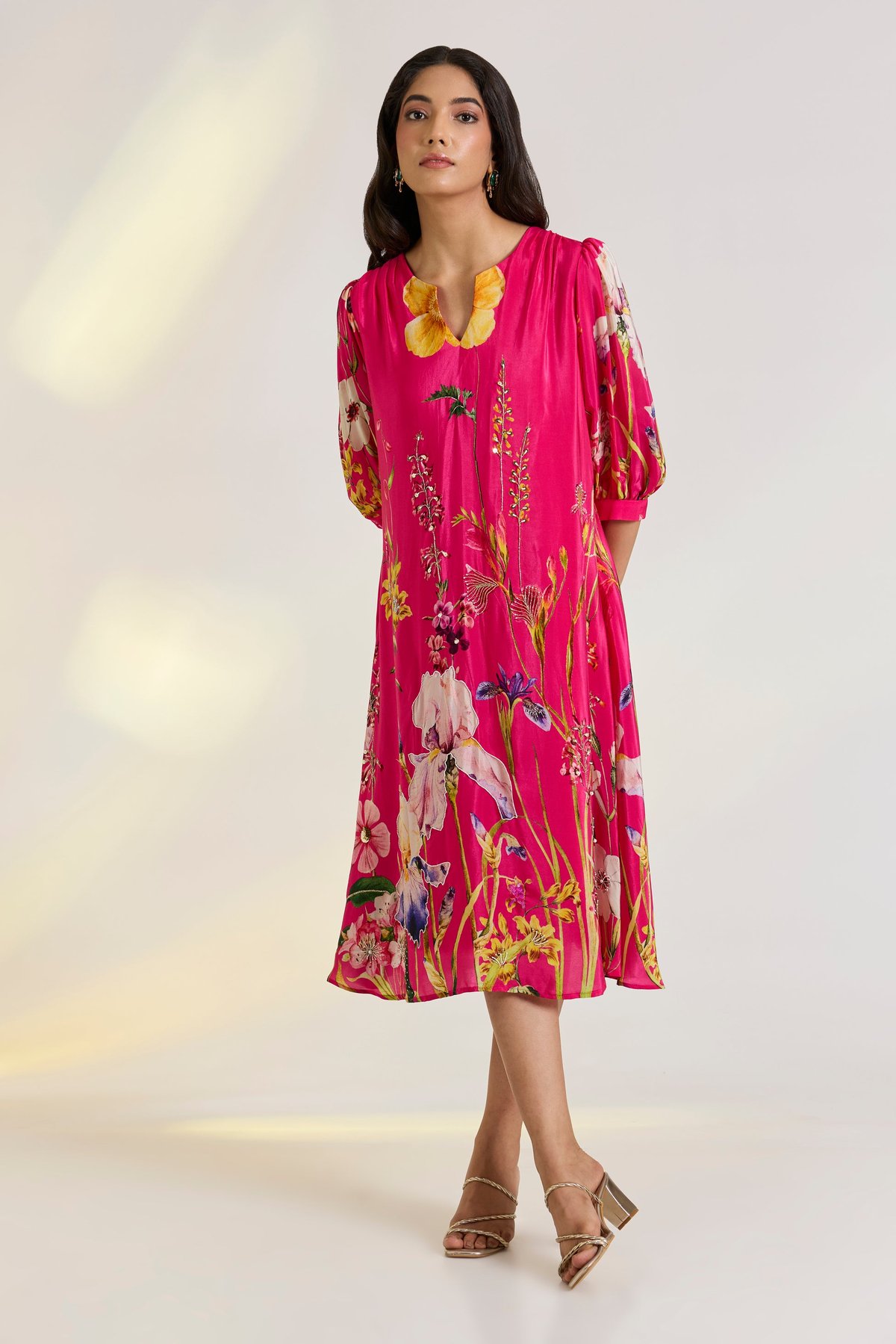 Pink Floral A-Line Midi Dress with Notched V-Neck