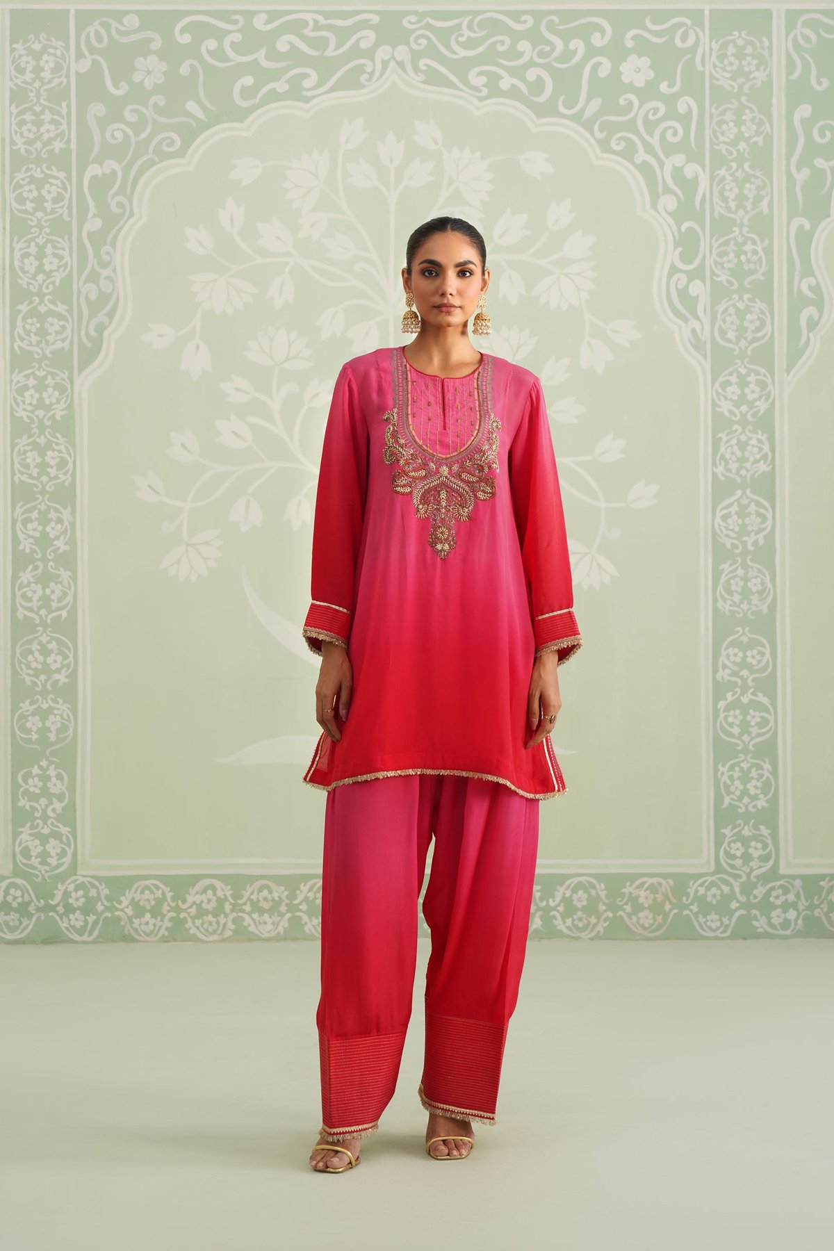Pink to Red Ombre Embroidered Straight Kurta Set