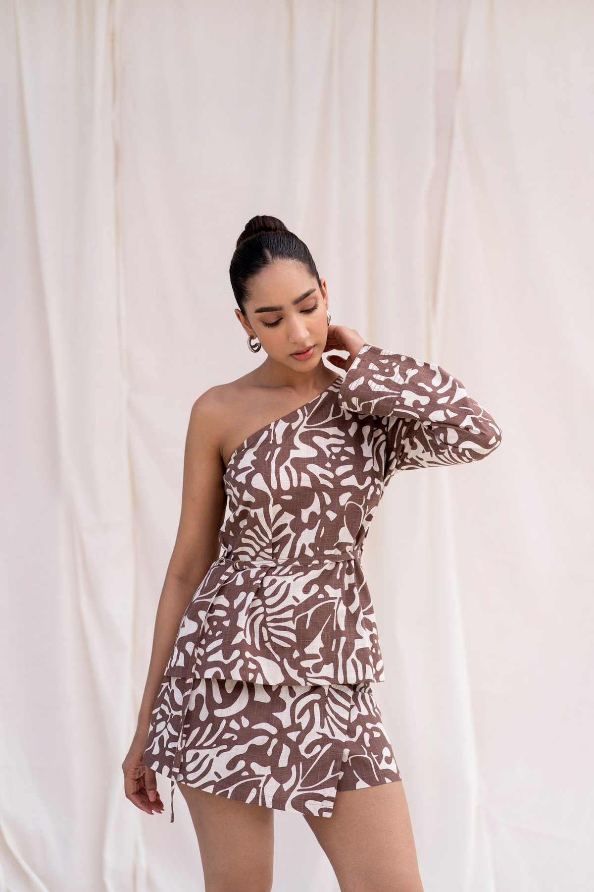 Brown Abstract One-Shoulder Belted Top